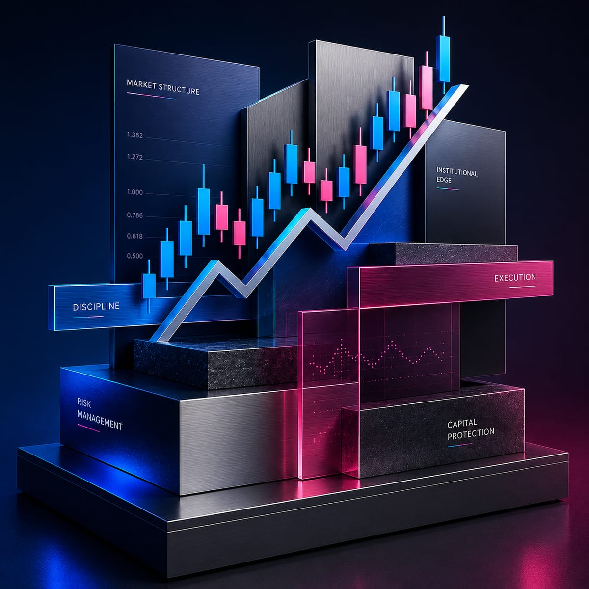 The Fortitude architecture: market structure, discipline, risk management, institutional edge, execution and capital protection, layered into one system.